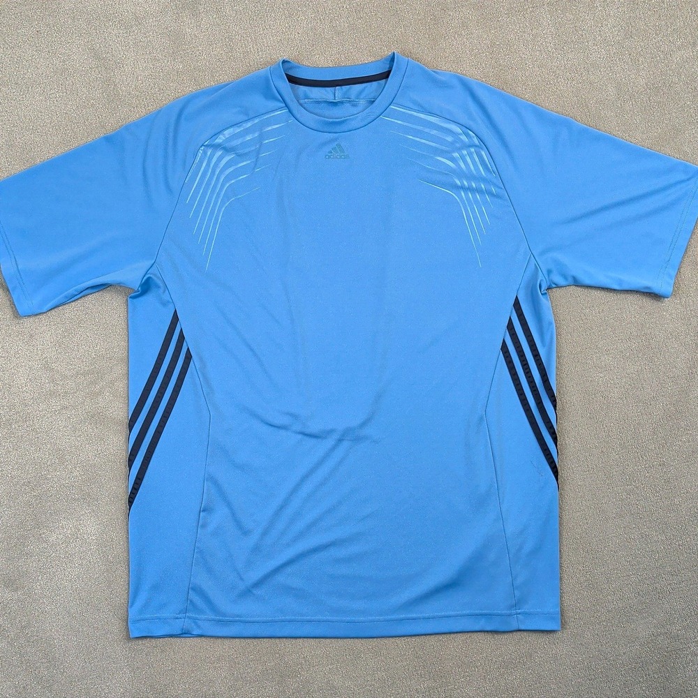 Adidas Performance Shirt Mens XL Blue Short Sleeve Athletic Training Tee Striped